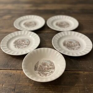 Edwin Knowles Old Mill Winter Scene Berry Bowl & Four Saucers, Vintage Ceramic